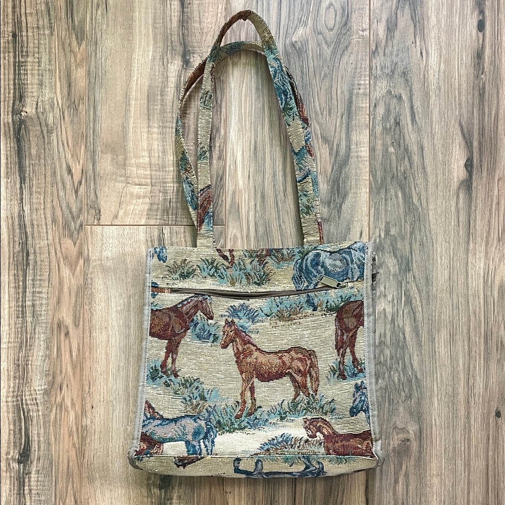 Vintage Horse Tapestry Tote Bag in Tan and Brown By Jade